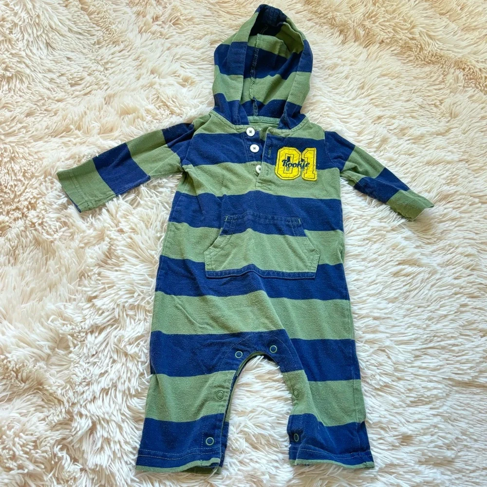 Carters Green and Blue Striped Button Up Romper 6 months